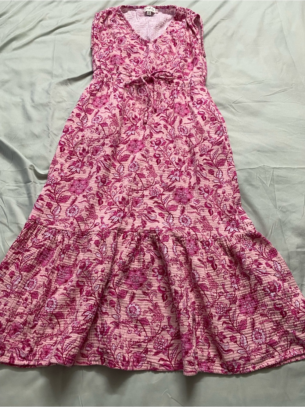 Wonderly Sleeveless boho Pink Floral Gauze Midi Dress with Pockets Size Medium - Picture 4 of 10